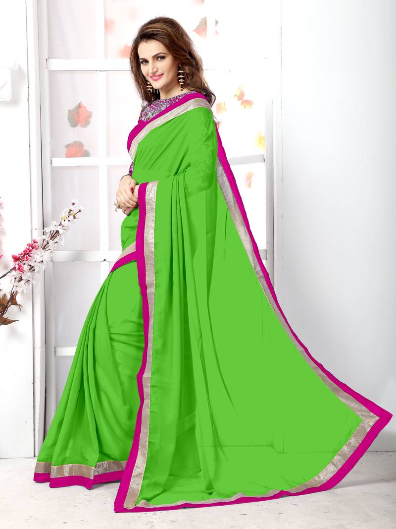 Green plain chiffon saree with blouse