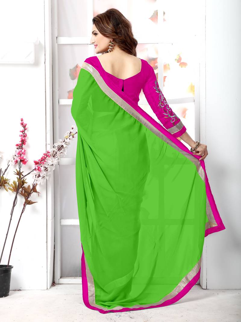 Green plain chiffon saree with blouse