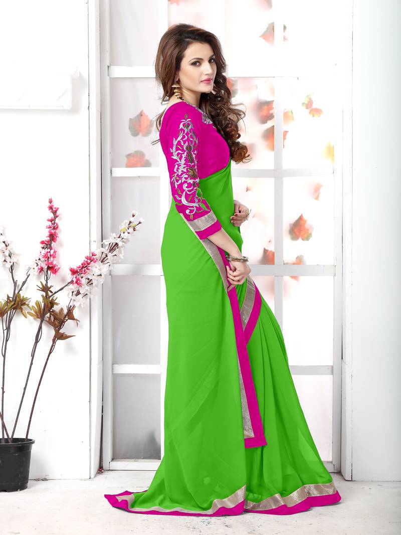 Green plain chiffon saree with blouse