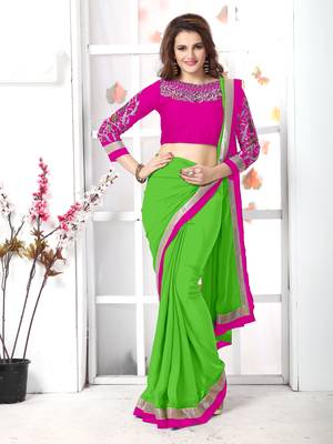 Green plain chiffon saree with blouse 5