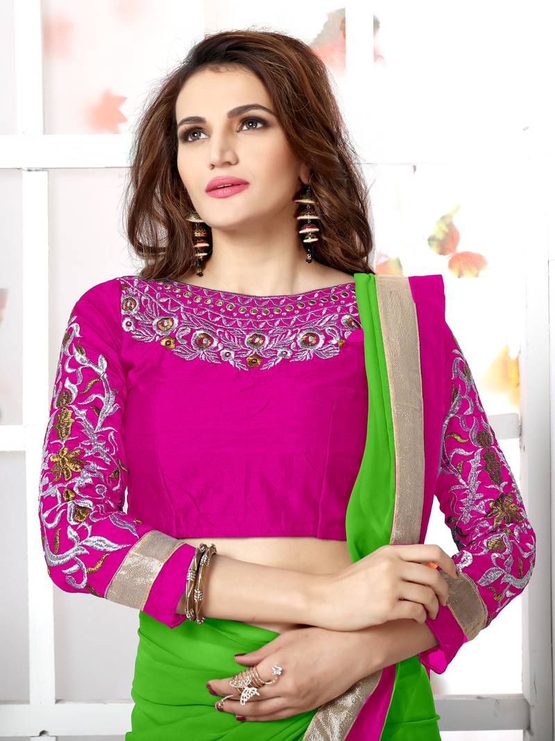 Green plain chiffon saree with blouse