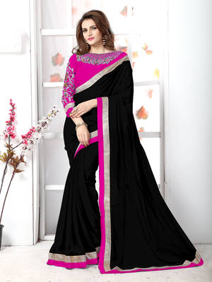 Black plain chiffon saree with blouse 1