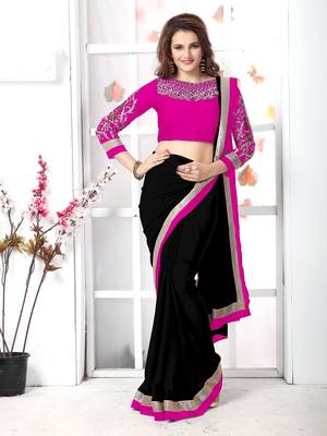 Black plain chiffon saree with blouse 5