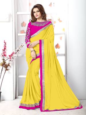 Yellow plain chiffon saree with blouse 1