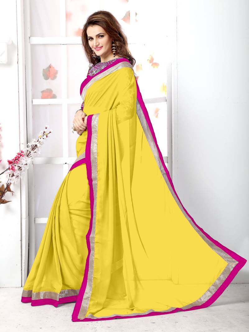 Yellow plain chiffon saree with blouse