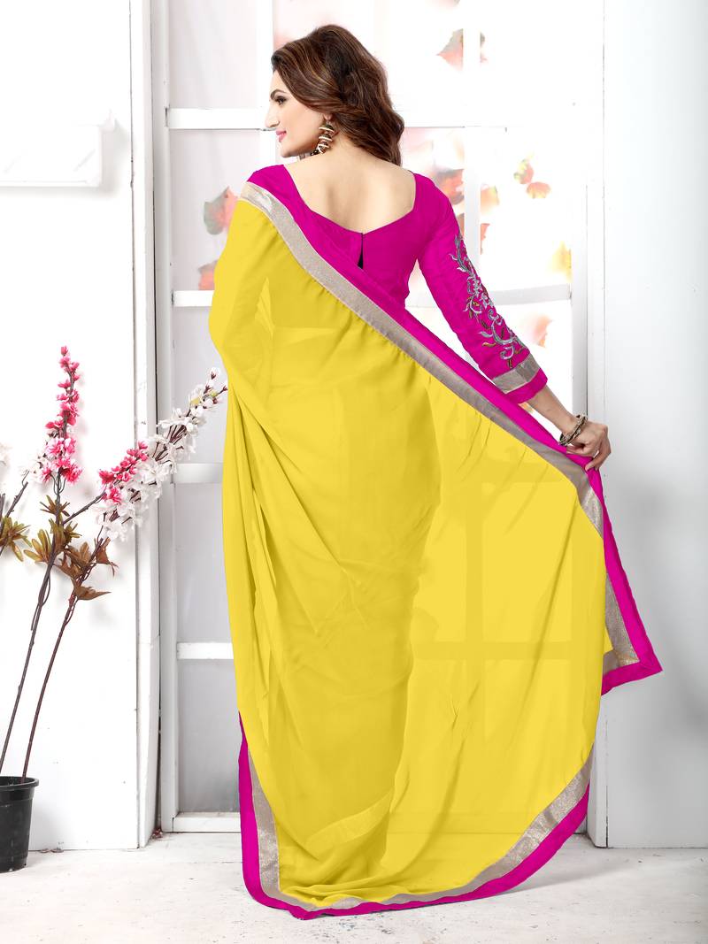 Yellow plain chiffon saree with blouse