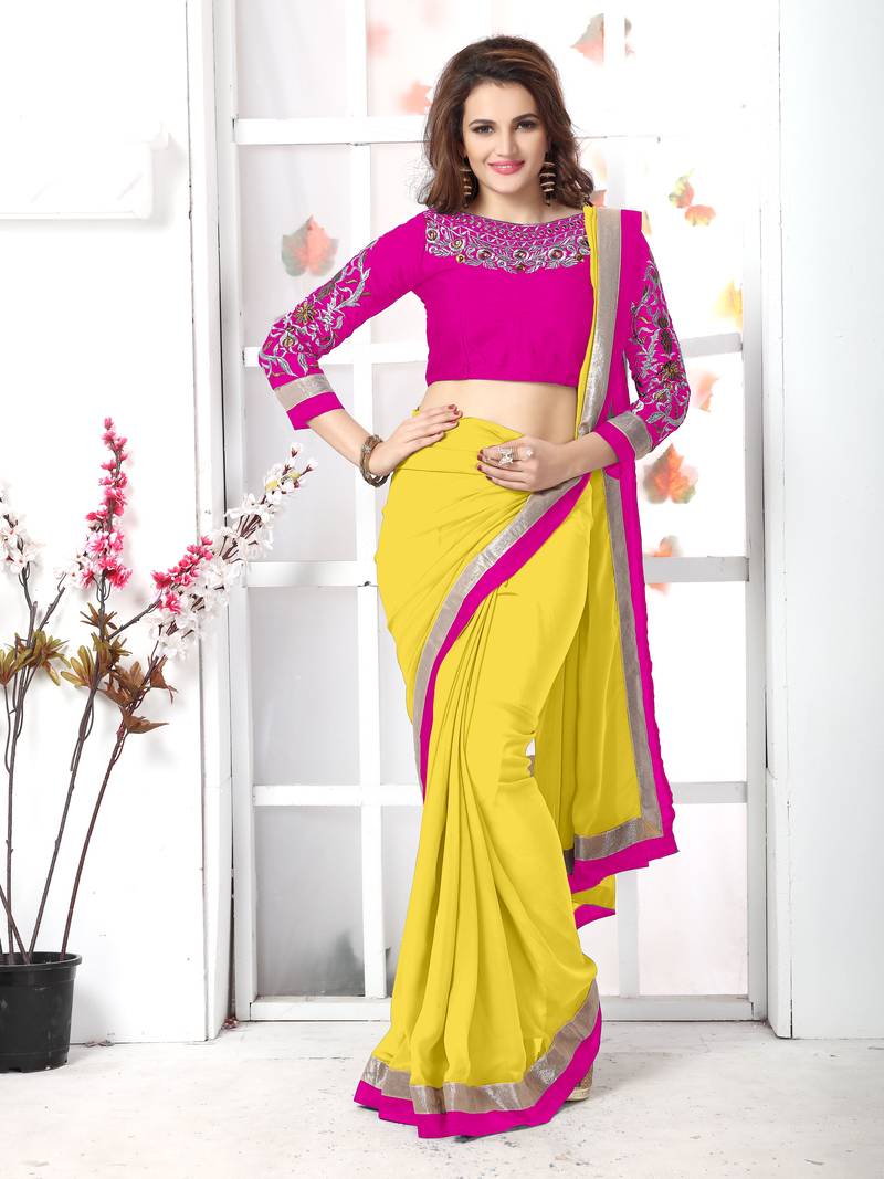Yellow plain chiffon saree with blouse