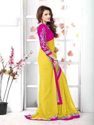 Yellow plain chiffon saree with blouse 5