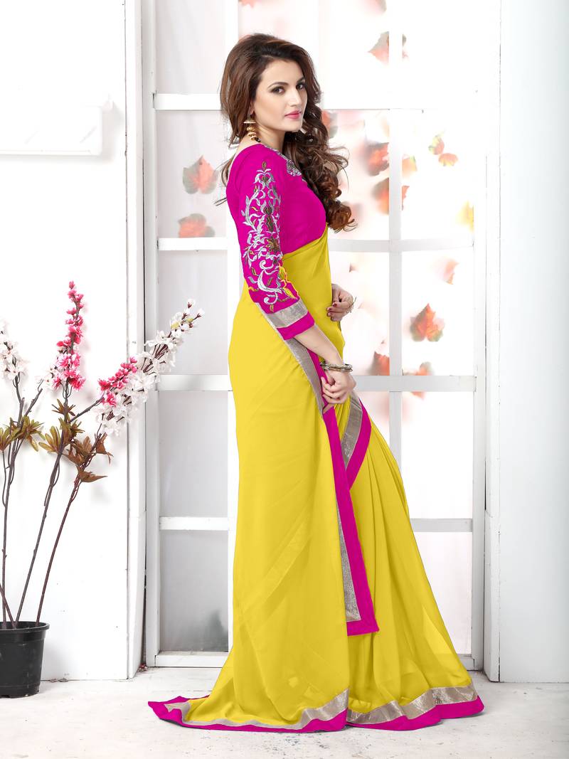 Yellow plain chiffon saree with blouse