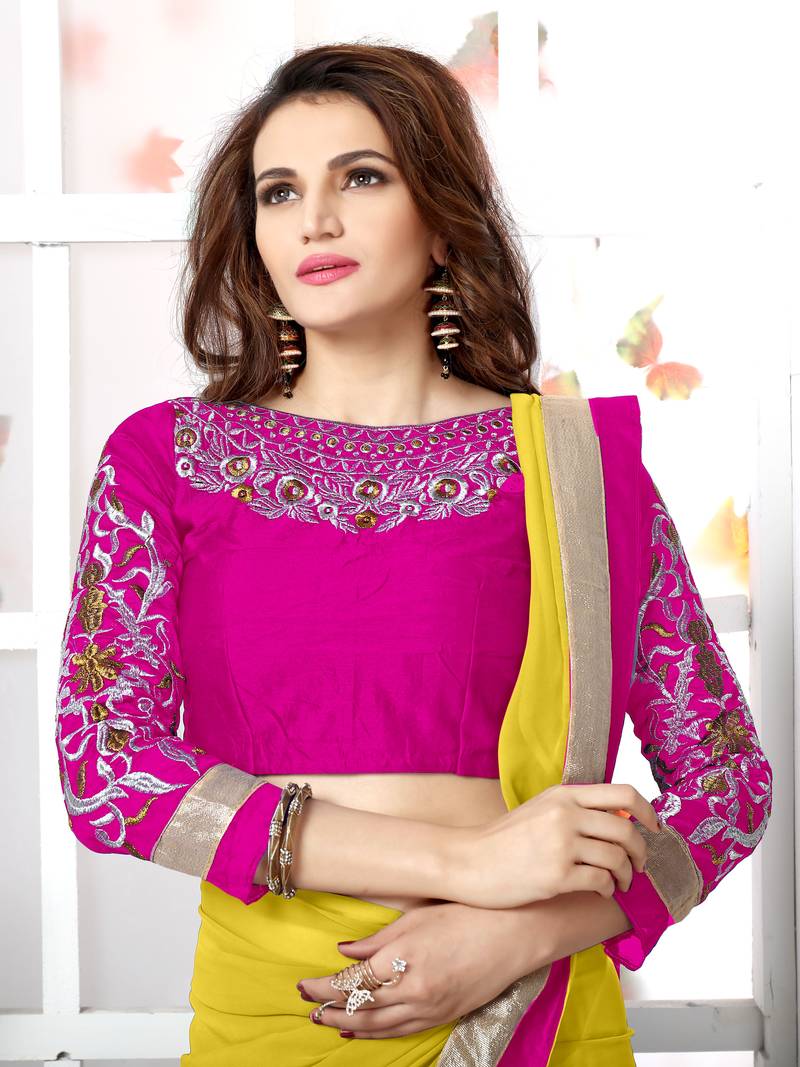 Yellow plain chiffon saree with blouse
