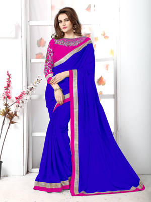Blue plain chiffon saree with blouse 1