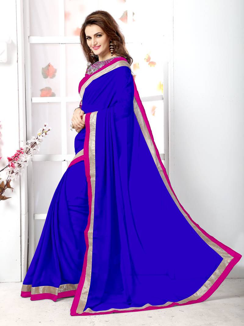 Blue plain chiffon saree with blouse