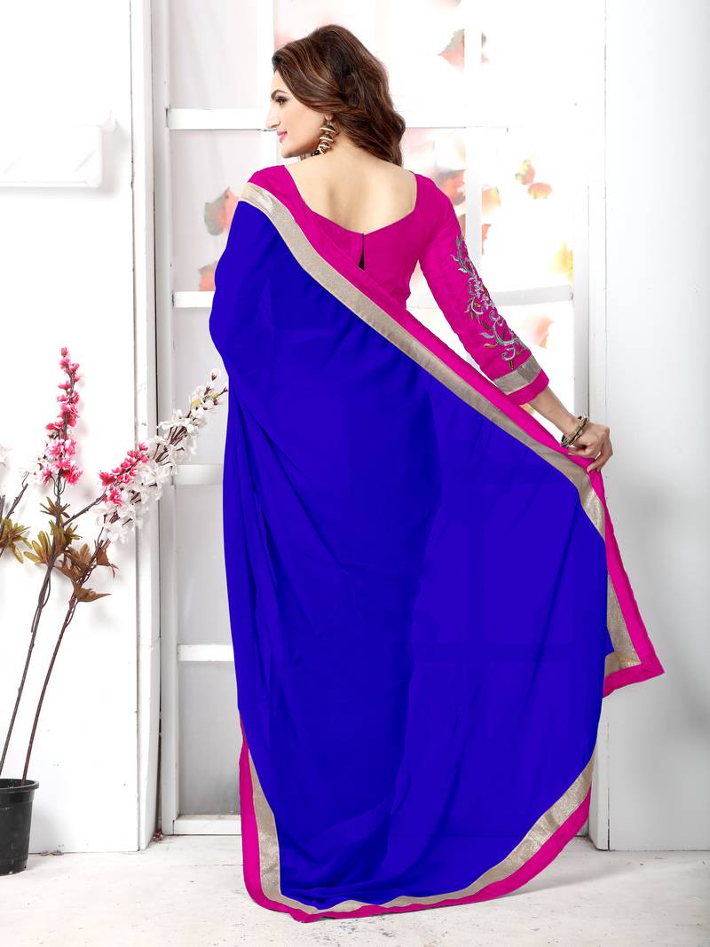 Blue plain chiffon saree with blouse