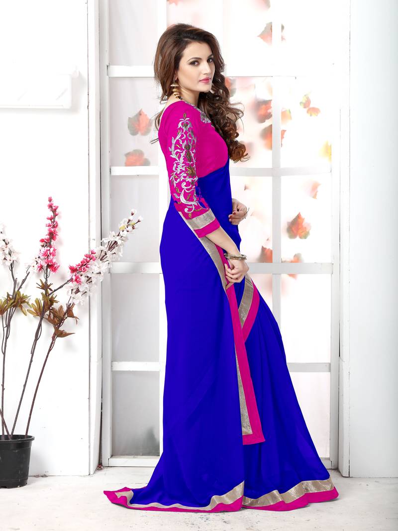 Blue plain chiffon saree with blouse