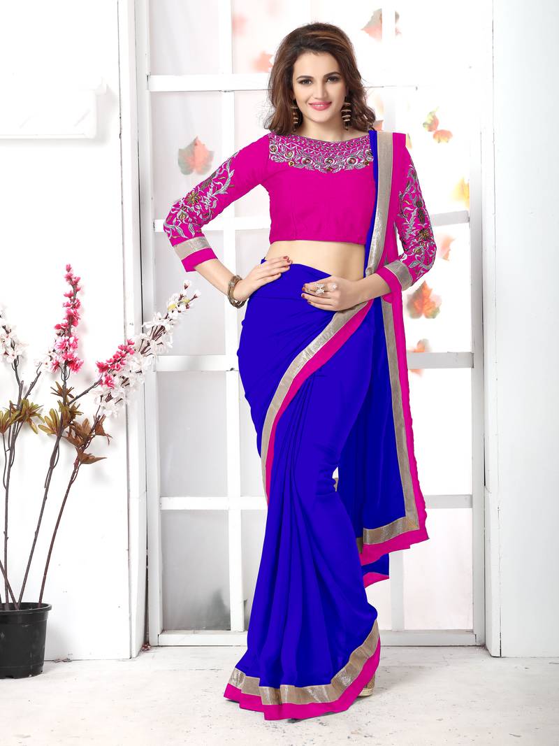 Blue plain chiffon saree with blouse
