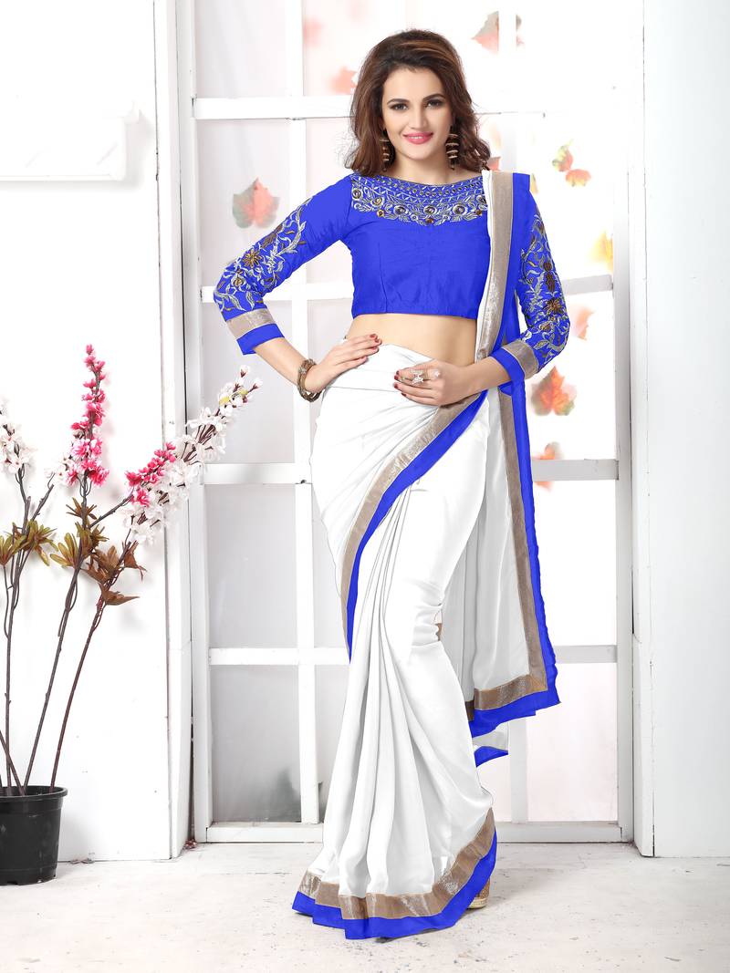 White plain chiffon saree with blouse