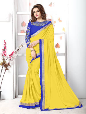Yellow embroidered chiffon saree with blouse 1