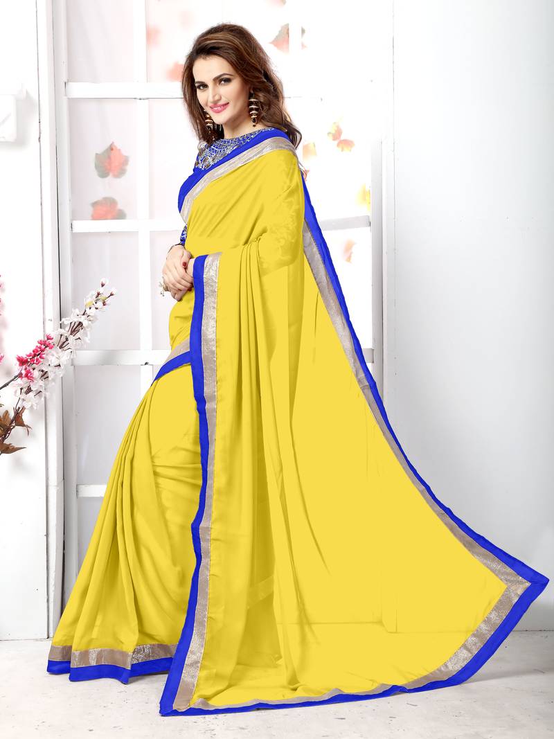 Yellow embroidered chiffon saree with blouse