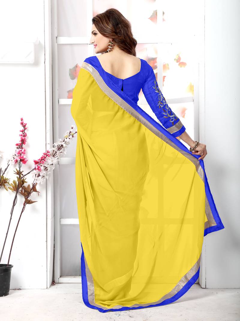 Yellow embroidered chiffon saree with blouse