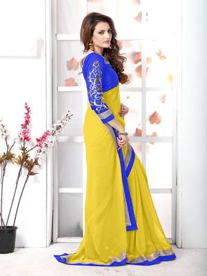 Yellow embroidered chiffon saree with blouse 4