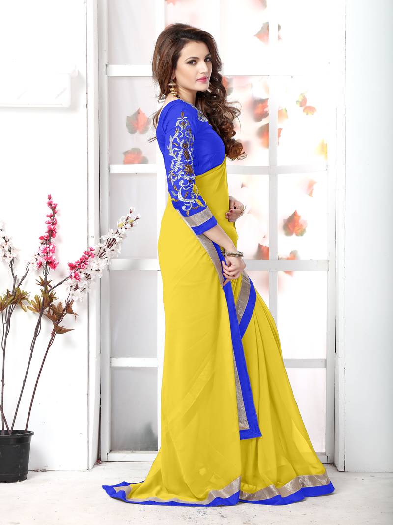 Yellow embroidered chiffon saree with blouse
