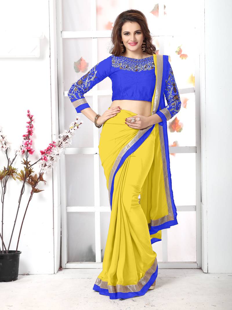 Yellow embroidered chiffon saree with blouse