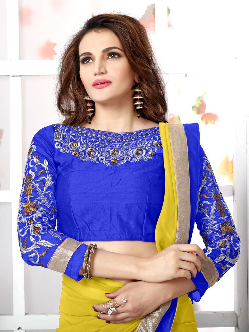 Yellow embroidered chiffon saree with blouse