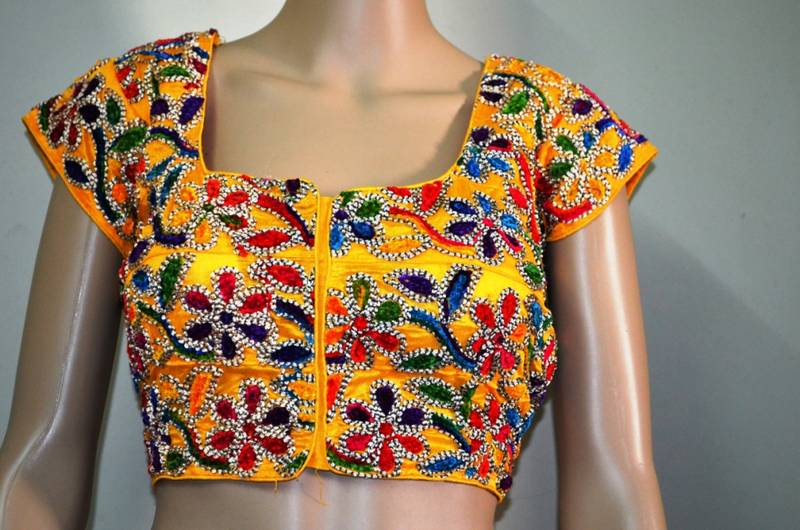 Yellow cotton embroidered readymade blouse