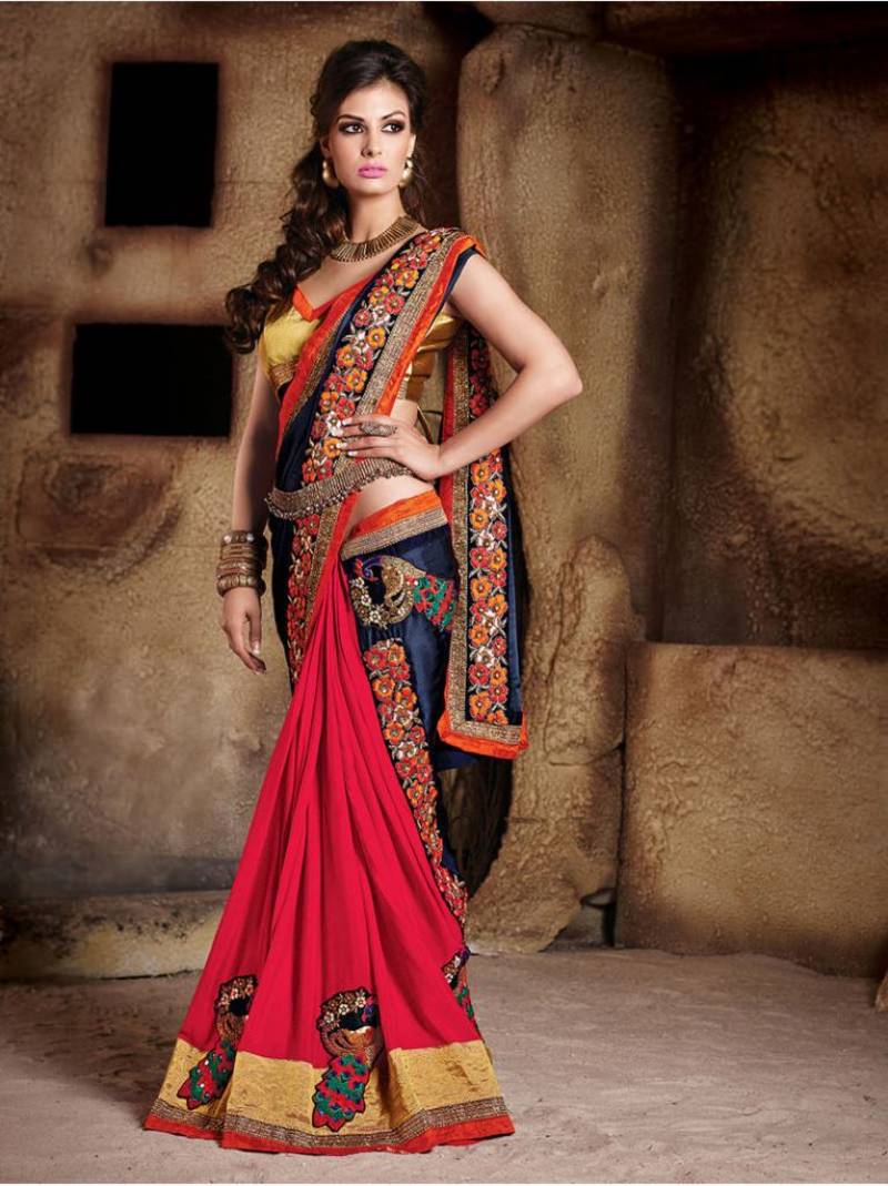 Blue embroidered georgette saree with blouse