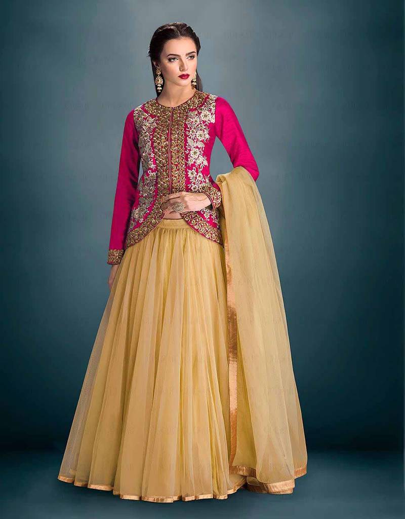 Cr  me net embroidery unstitched lehenga choli