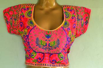 Pink peacock multicolor Bordered Embroidered Cotton Traditional Blouse 1
