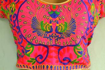 Pink peacock multicolor Bordered Embroidered Cotton Traditional Blouse 2
