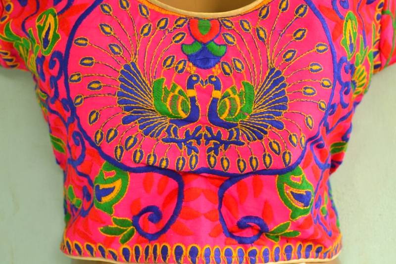 Pink peacock multicolor Bordered Embroidered Cotton Traditional Blouse