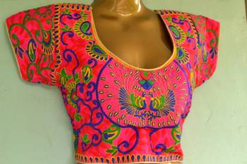 Pink peacock multicolor Bordered Embroidered Cotton Traditional Blouse 3