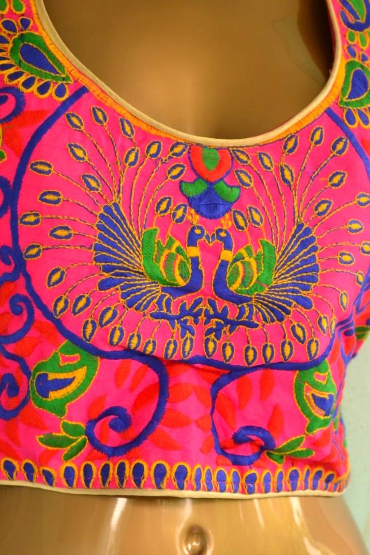 Pink peacock multicolor Bordered Embroidered Cotton Traditional Blouse