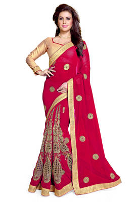 crimson embroidered georgette saree With Blouse 1
