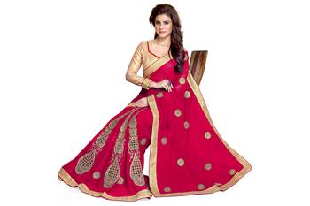 crimson embroidered georgette saree With Blouse 2