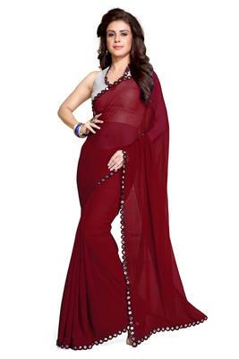 maroon plain georgette saree With Blouse 1