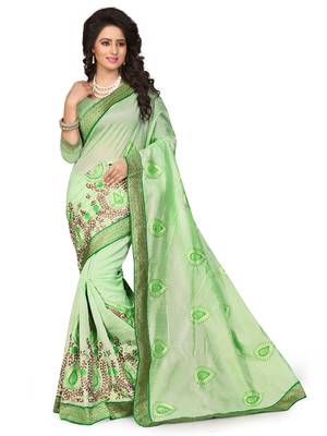 green embroidered chanderi silk saree With Blouse 1
