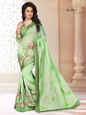 green embroidered chanderi silk saree With Blouse 2