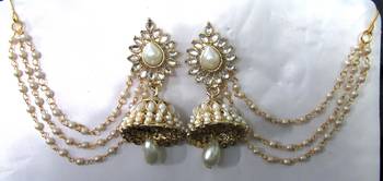 White Pearl Jhumka With Pearl Ear chian Earring 1