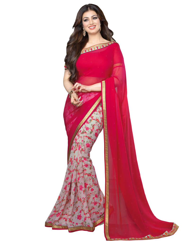 Women's Georgette Pink Embroidered Designer Saree With Blouse Piece