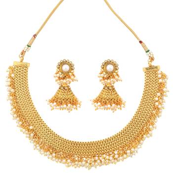 South indian style chandni pearls golden adiva copper bridal necklace set 1