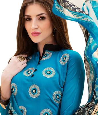 Blue chanderi embroidered unstitched salwar with dupatta 3