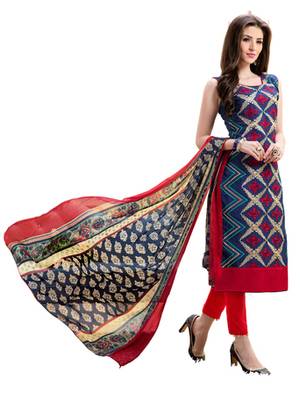 Blue chanderi embroidered unstitched salwar with dupatta 1