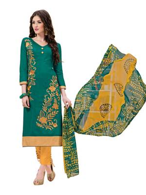 Green chanderi embroidered unstitched salwar with dupatta 1