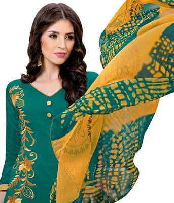 Green chanderi embroidered unstitched salwar with dupatta 2