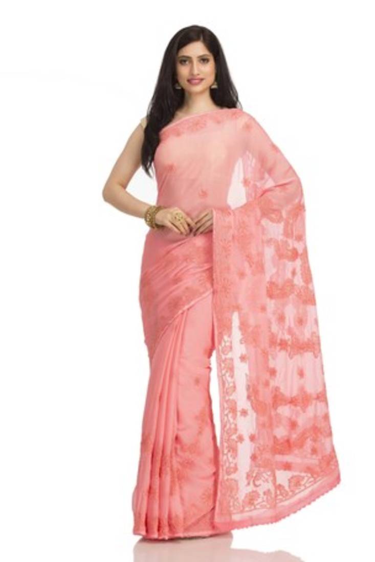 Ada Peach Embroidered Chiffon  Lucknowi Chikankari Saree With Blouse