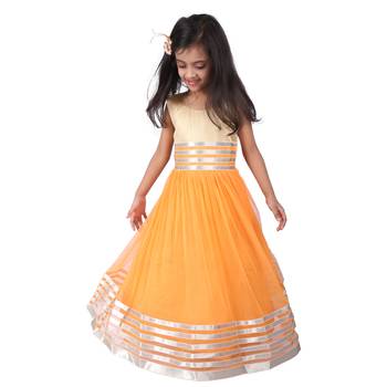 Orange & Gold Plain Net Kids Frocks 1