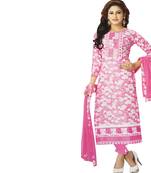 Pink printed cotton unstitched salwar with dupatta